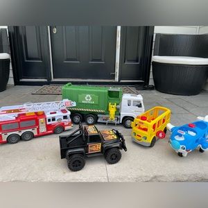 Bundle of Kids toy vehicles fire truck recycling truck airplane school bus